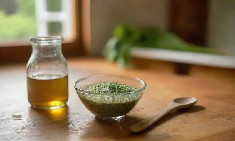 Una cocina rústica con un hermoso mostrador de madera ilumina un bowl de aceite de salvado de arroz y albahaca, creando un ambiente cálido y atractivo