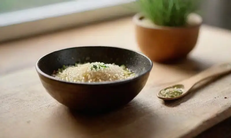 Una cálida mesa de madera está adornada con arroz, un saquito de yute, aceite de salvado de arroz, agua en un vaso medidor, hierbas frescas, una olla de acero inoxidable, una cuchara de madera, notas de receta y la luz del sol que ilumina todo con un brillo acogedor