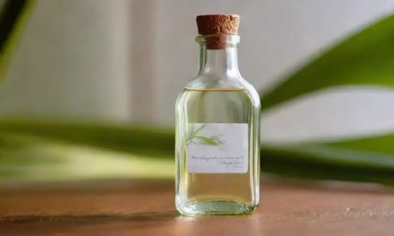 Una botella de vidrio de aceite de coco brilla bajo la luz suave