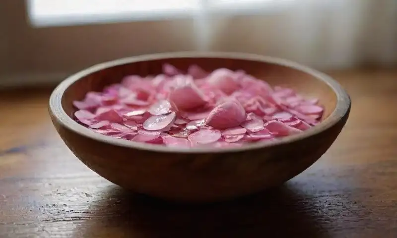 Pétalos de rosa suave en un cuenco de madera junto a un frasco de aceite dorado, todo iluminado por la luz natural, evocando una sensación de serenidad y frescura