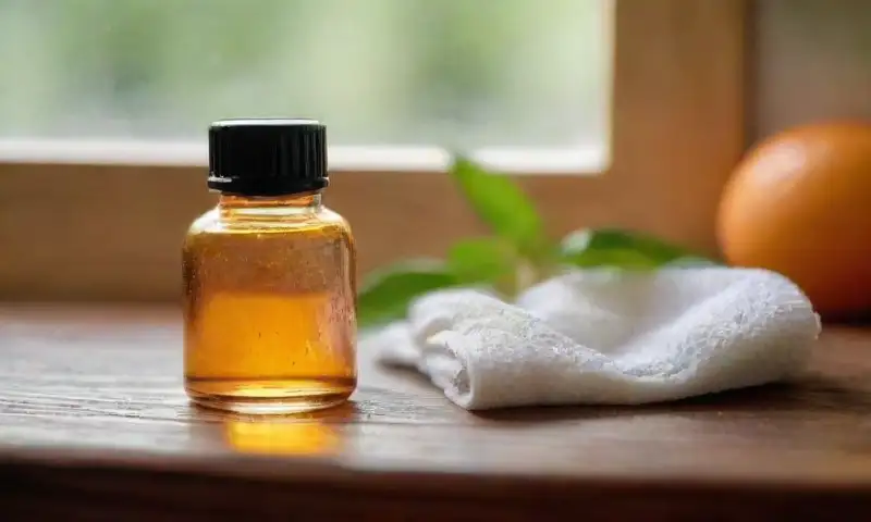 Una botella de aceite esencial de naranja en un entorno sereno y acogedor, rodeada de cáscaras de naranja y un toque de naturaleza
