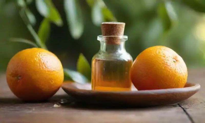 Una mesa de madera rústica iluminada por el sol está adornada con una botella de aceite de naranja, naranjas frescas, hojas verdes, un plato de aceite portador, un peine de madera y un fondo de vegetación borroso que evoca un ambiente acogedor