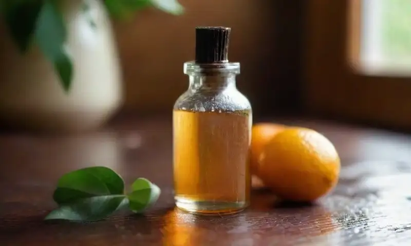 Una botella de vidrio transparente llena de aceite esencial naranja brilla sobre una mesa de madera oscura, rodeada de hojas verdes y frutas cítricas, creando una atmósfera acogedora