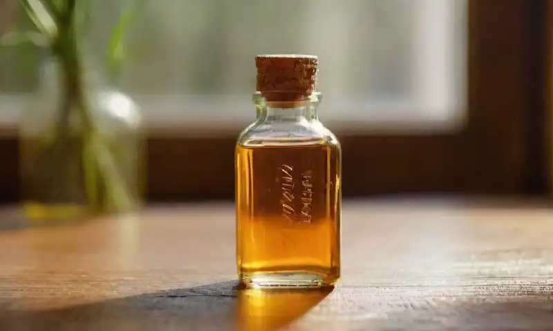 Una botella de vidrio ámbar con aceite de naranja brilla bajo la luz del sol