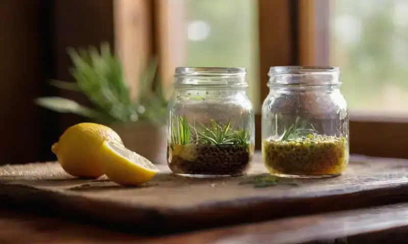 Una mesa de madera iluminada por el sol, adornada con frascos de ingredientes naturales, hierbas frescas, limón, sal marina, y detalles que evocan frescura y calidez