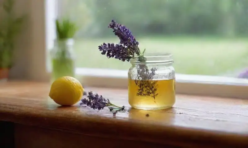 Una cocina rústica iluminada por luz natural, con una mesa de madera, hierbas frescas, miel, un limón, y detalles cuidadosamente organizados que evocan calidez y hogar