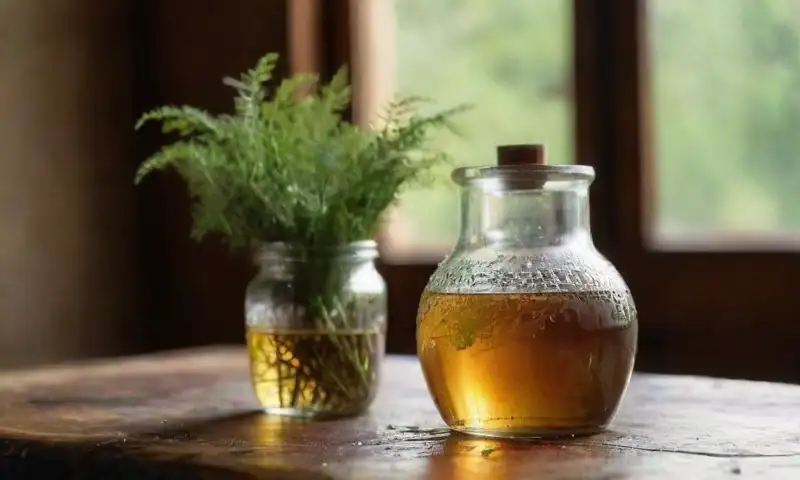 Una mesa rústica decorada con hierbas frescas