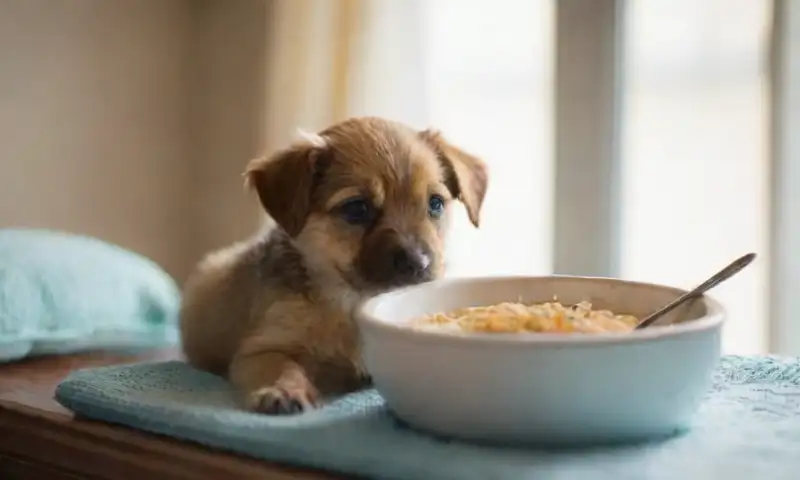 Un cachorro pequeño y angustiado descansa sobre una manta azul, rodeado de un tazón de caldo de pollo, un vaso de agua y una atmósfera de preocupación y calidez
