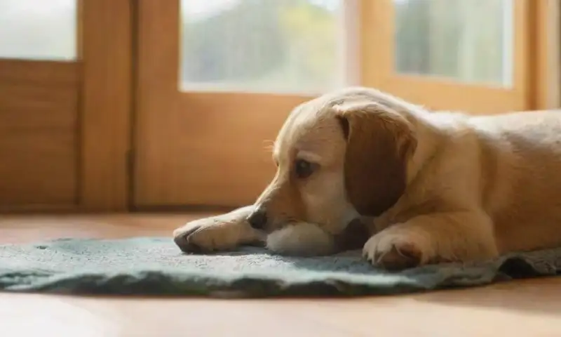 Un dueño preocupado sostiene un tazón de caldo junto a un frágil cachorro sobre una manta