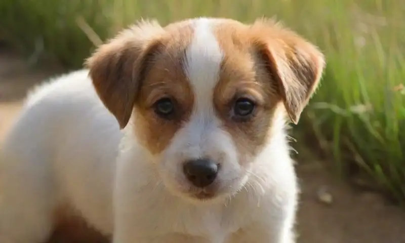 Un cachorro suave y esponjoso juega en un entorno soleado junto a un cuenco de agua, rodeado de flores silvestres y hierba verde