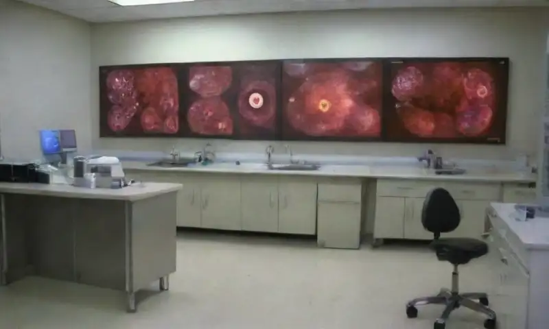 Un laboratorio clínico iluminado con fluorescente muestra microscopios, deslizadores de sangre y gráficos sobre células en un ambiente cálido y estéril
