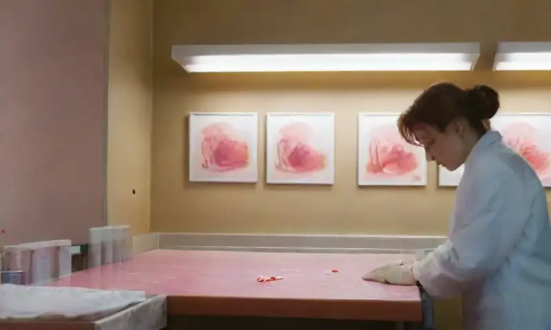 Un profesional examina un frotis de sangre bajo una cálida y bien iluminada clínica