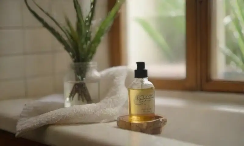 Un baño acogedor con luz cálida, una decoración natural y elementos que crean una atmósfera relajante