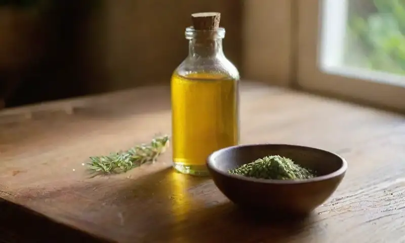 Una cocina rústica bañada en luz dorada, con aceite de oliva, sal marina, romero fresco y un libro de recetas, evoca un ambiente cálido y acogedor