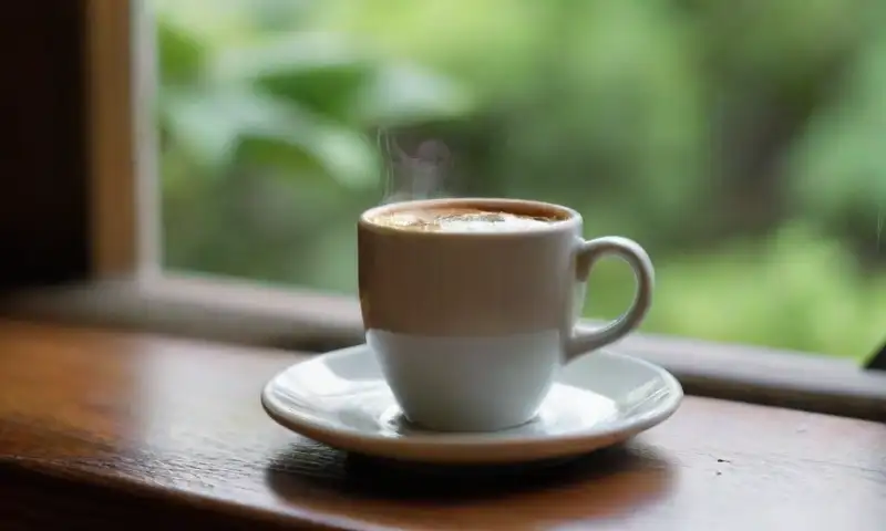 Una taza de café oscuro humeante sobre una mesa de madera rústica, con un ambiente acogedor iluminado por la luz filtrada