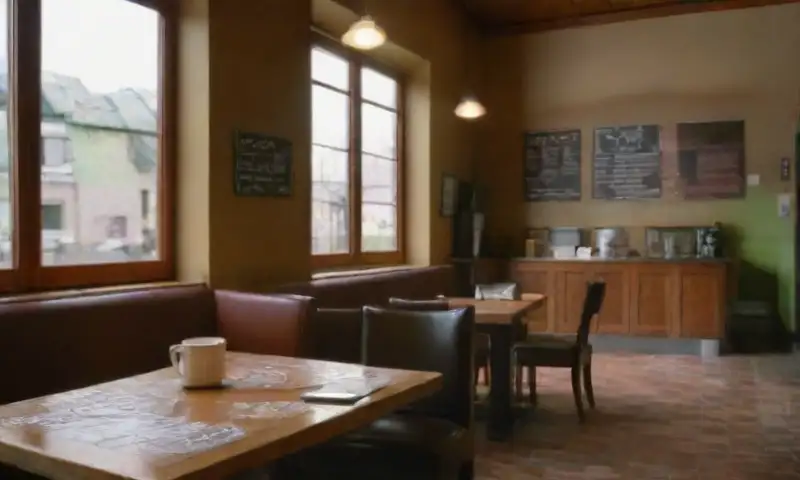 Un acogedor café rústico con mesas de madera