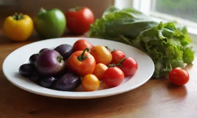 Una mesa de madera clara con frutas y verduras frescas