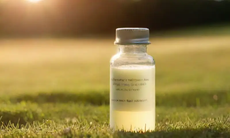 Un vial de vidrio claro contiene colostro bovino cremoso, luciendo elegante con un etiquetado minimalista y un fondo pastoral
