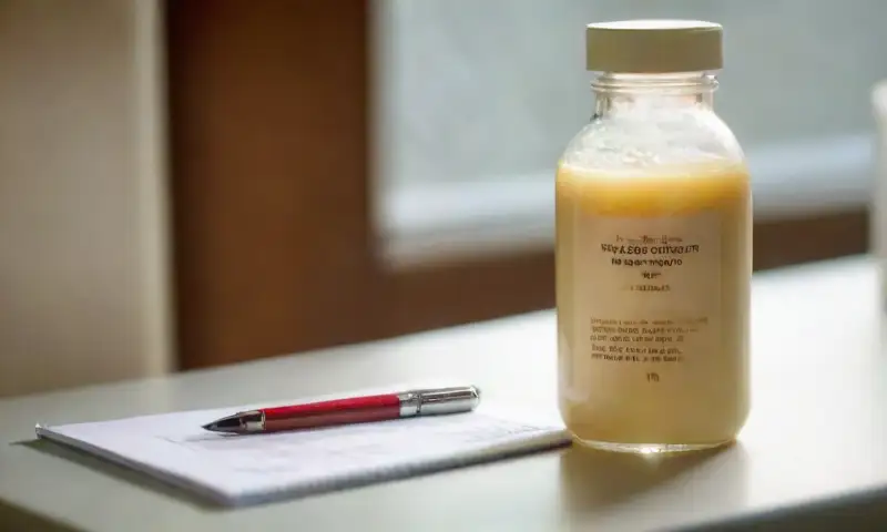 Una mesa blanca en un entorno clínico muestra un vial de colostro dorado, un cuaderno con notas, un estetoscopio y un ambiente estéril