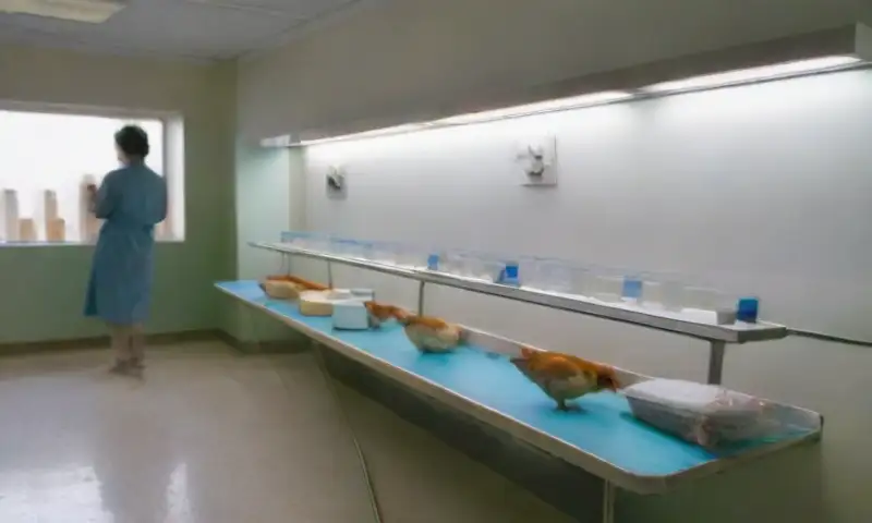 Una clínica veterinaria luminosa y ordenada con un veterinario examinando un pollo enfermo mientras revisa notas sobre la cólera aviar