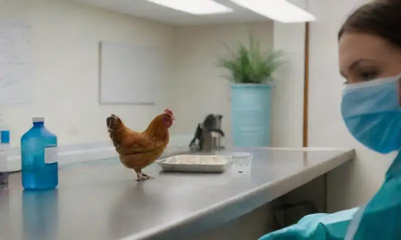 Una veterinaria en una clínica examinando un pollo realista mientras rodeada de equipo médico y ambientación luminosa