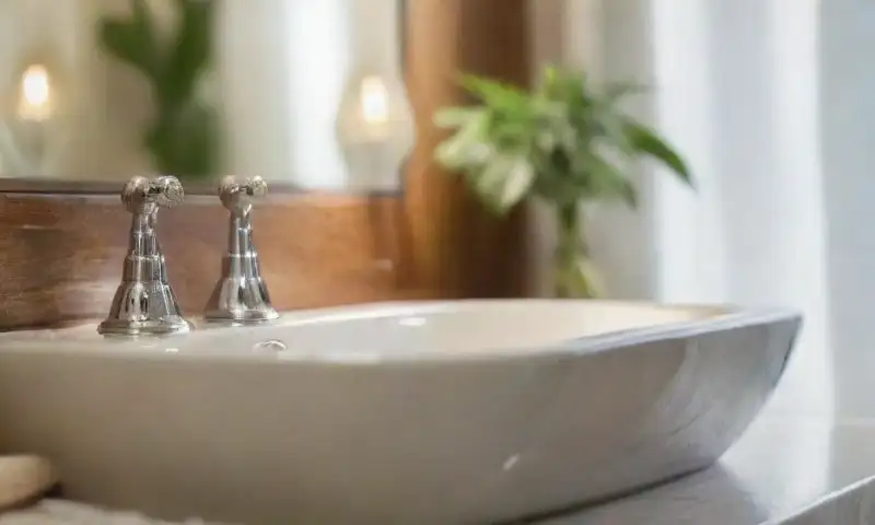 Un luminoso baño presenta un elegante lavabo y productos de colágeno, rodeados de luz natural y detalles que reflejan cuidado y frescura