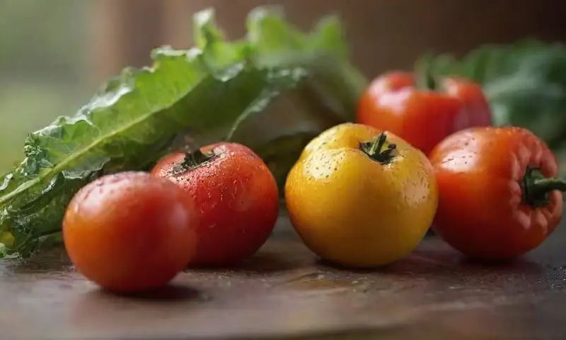 Variedad vibrante de frutas y verduras frescas en un ambiente natural que invita a la alimentación saludable