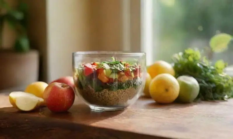 Una cocina iluminada por el sol, decorada con frutas y verduras frescas, resalta un ambiente de energía y bienestar