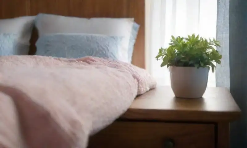 Una acogedora escena de dormitorio iluminada por luz dorada, con una cama cubierta de mantas suaves, calcetines rosas, almohadas dispersas, una taza de té humeante y una atmósfera serena y relajante