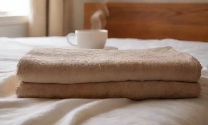 Una cama acogedora con mantas beige, cojines blancos desordenados, una alfombra marrón, luz suave, un libro abierto y una taza de té humeante, crea un ambiente tranquilo