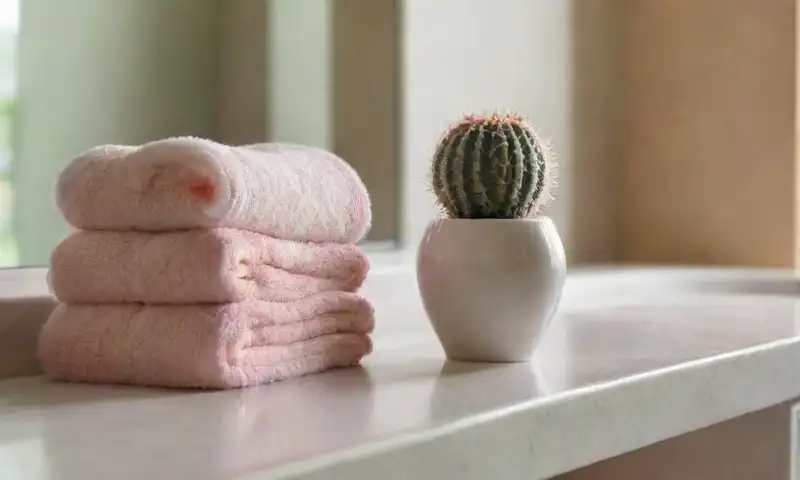 Un baño sereno con luz suave, mármol brillante, productos de cuidado en un ambiente relajante y aromas delicados