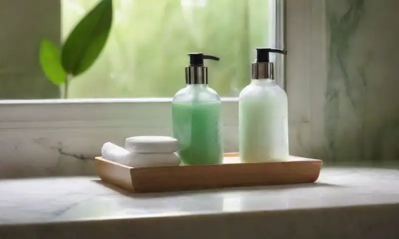 Un baño iluminado con un elegante mármol blanco, productos de skincare bien dispuestos, y una atmósfera serena acentuada por la luz natural y plantas decorativas