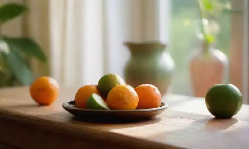 Una cocina luminosa y acogedora con un mesa de madera, frutas frescas, y un ambiente minimalista que refleja un estilo de vida saludable