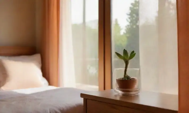 Un dormitorio suavemente iluminado y acogedor, con una cama ordenada, detalles naturales y elementos decorativos que crean un ambiente armónico