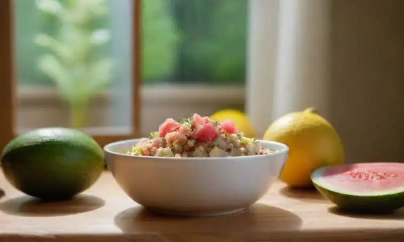 Un countertop de cocina colorido y acogedor, lleno de frutas, verduras y platos recién preparados, que evoca una experiencia culinaria y consciente