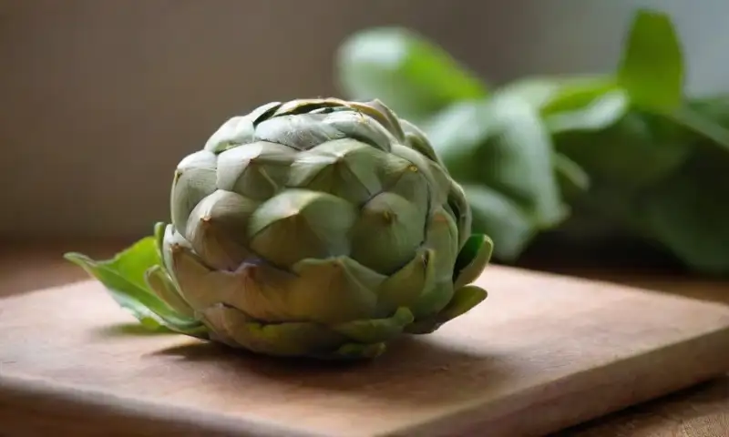 Una alcachofa fresca y vibrante está expuesta en una tabla de madera con aceite de oliva y sal cerca
