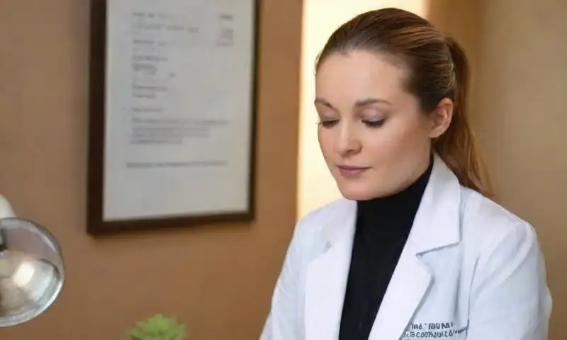 Un dermatólogo examina a un paciente en un ambiente tranquilo y moderno, con luz natural y herramientas organizadas