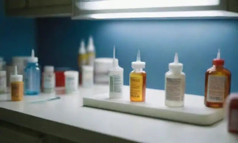 Una escena clínica iluminada, con un banco desordenado de suministros médicos y un ambiente serio y preciso