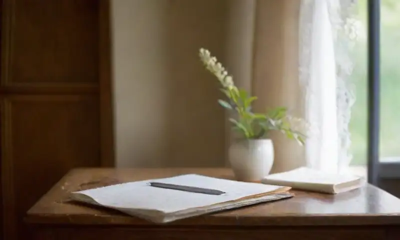 La luz suave de la mañana ilumina una acogedora habitación con un ambiente sereno y elementos como una mesa rústica