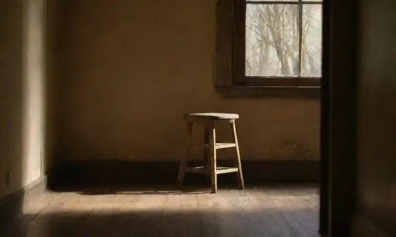 Una figura frágil se sienta en una habitación tenue, rodeada de sombras, suciedad y un ambiente sombrío que refleja la vulnerabilidad humana