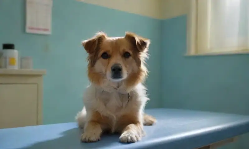 En una clínica veterinaria, un perro pequeño y preocupado yace en una mesa de examen mientras un veterinario atento se prepara para atenderlo, rodeados de un ambiente de urgencia y cuidado