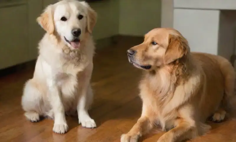 Un veterinario preocupado examina a un golden retriever con molestias en un ambiente clínico iluminado por la luz natural