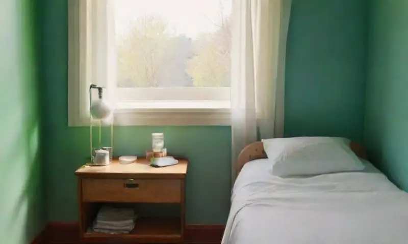 Una habitación de hospital sombría y cálida, con luz natural, un monitor que beeping, fotos familiares en las paredes y una cama ordenada, que evoca una atmósfera íntima y reflexiva