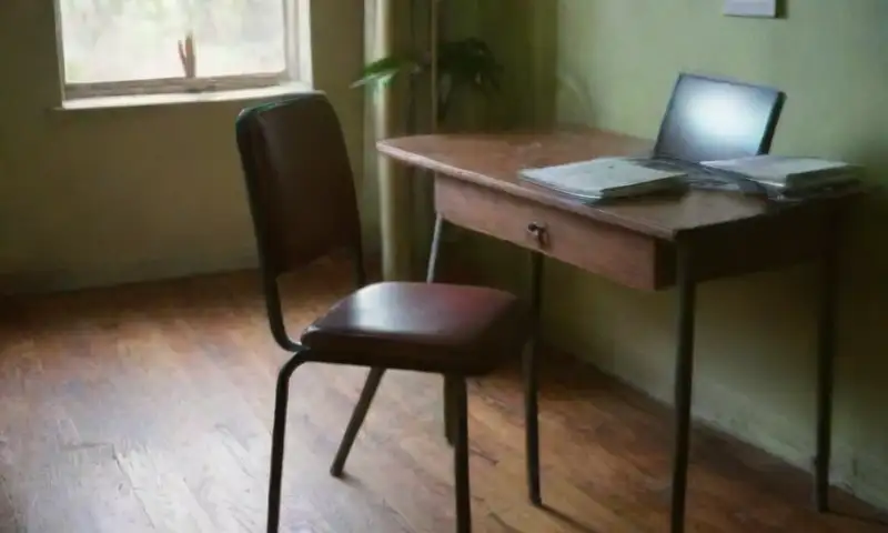 Una habitación tenue y desordenada, con un escritorio de madera, documentos médicos, un laptop brillante y una sensación de quietud sobre la diabetes
