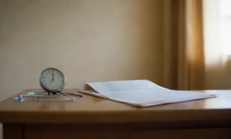 Una clínica tenue con un ambiente de urgencia refleja la preocupación por la diabetes a través de documentos, un medidor digital y un rostro preocupado