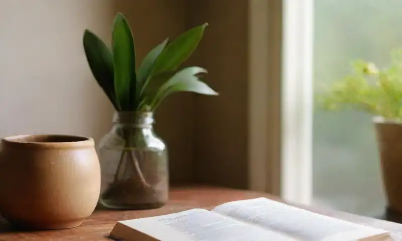 Una mesa de madera con un libro abierto y una jarra de hierbas crea un ambiente cálido y tranquilo
