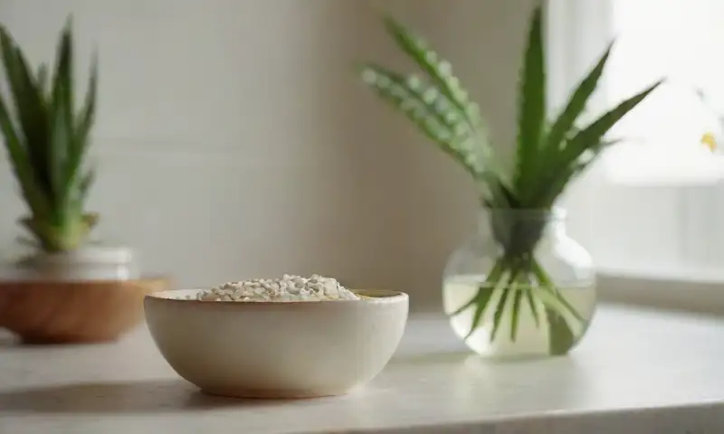 Un acogedor y bien iluminado rincón de cocina presenta un delicado frasco de gel de aloe vera