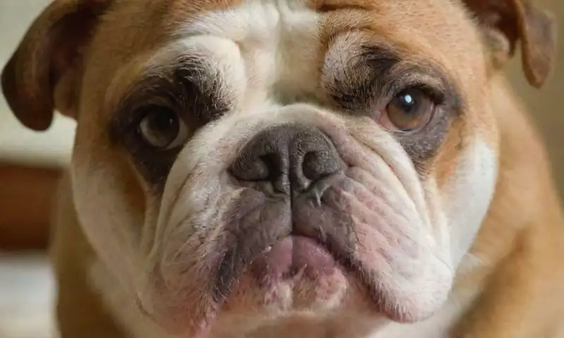 Un bulldog inglés marrón y blanco muestra pliegues de piel
