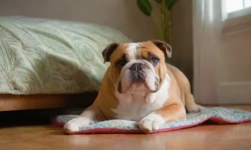 Un bulldog inglés descansa en su mullida cama mientras la luz suave ilumina la acogedora sala