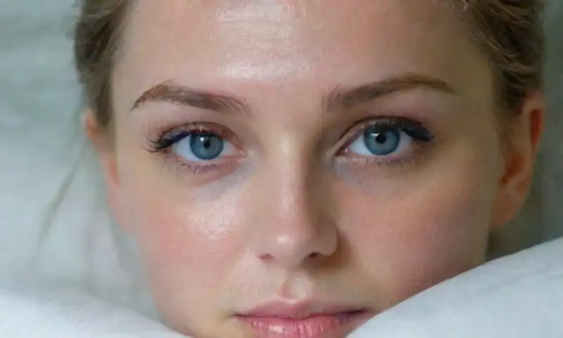 Un primer plano de una mujer con ojos rojos y hinchados, piel húmeda y luminosa, y un ambiente sereno a pesar de su preocupación